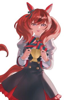 1girl absurdres animal_ears aragiken black_dress bow bowtie brown_hair dress ear_bow ear_covers green_bow green_bowtie grey_shirt highres horse_ears horse_girl horse_tail juliet_sleeves long_hair long_sleeves looking_at_viewer multicolored_hair nice_nature_(poinsettia_ribbon)_(umamusume) nice_nature_(umamusume) open_mouth pinafore_dress puffy_sleeves shirt simple_background sleeveless sleeveless_dress smile solo streaked_hair striped_bow striped_bowtie striped_clothes tail twintails umamusume white_background
