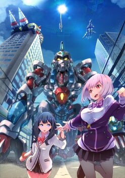 Rule 34 | 1boy, 2girls, absurdres, aircraft, airplane, armor, black hair, black skirt, blue eyes, blush, borr, bow, bowtie, breasts, building, cardigan, city, collared shirt, drill, gridman (character), gridman (ssss), gridman universe, highres, jacket, large breasts, long hair, long sleeves, max (ssss.gridman), mecha, motor vehicle, multiple girls, off shoulder, open mouth, orange scrunchie, pantyhose, pleated skirt, purple hair, purple jacket, red bow, red eyes, robot, sakusakusakurai, samurai calibur, school uniform, scrunchie, shinjou akane, shirt, short hair, skirt, smile, ssss.gridman, sword, takarada rikka, thighs, truck, vit, weapon, white cardigan, white shirt, wrist scrunchie, yellow eyes