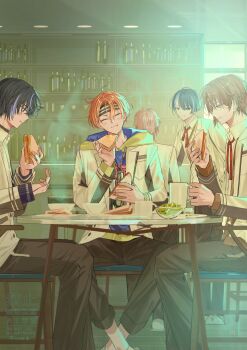 18trip 22kolink 5boys black_hair black_pants bowl brown_hair closed_eyes closed_mouth commentary cup eating food head_tilt headband highres holding holding_cup holding_food holding_sandwich hood hood_down hoodie indoors isotake_akuta jacket kaguya_muneuji kinugawa_kiroku kurama_ushio long_sleeves male_focus multicolored_hair multiple_boys nanamegi_nanaki open_clothes open_jacket orange_hair pants sandwich school_uniform sitting smile streaked_hair symbol-only_commentary table white_jacket