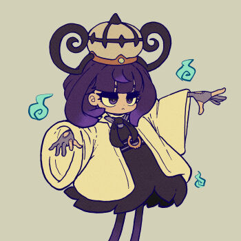 1girl :&lt; black_dress black_ribbon blunt_bangs blush closed_mouth commentary_request cowboy_shot deformed dot_nose dress eyelashes gloves grey_background gwynn_(pokemon) hat highres jacket jacket_over_dress medium_hair mega_stone muimui_(4242564muimui) neck_ribbon nintendo open_clothes open_jacket partially_fingerless_gloves pokemon pokemon_legends:_z-a purple_eyes purple_gloves purple_hair ribbon simple_background solo standing white_jacket will-o&#039;-the-wisp_(mythology)