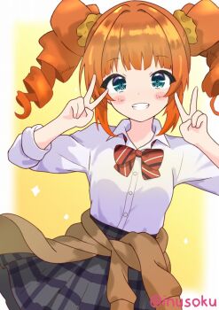 1girl artist_name blurry_border blush_stickers bow breasts brown_cardigan cardigan clothes_around_waist commentary_request cowboy_shot double_v dress_shirt drill_hair gradient_background green_eyes grey_skirt hair_ornament hair_scrunchie happy highres idolmaster inusoku neckerchief orange_hair pleated_skirt red_bow red_neckerchief scrunchie shirt shirt_tucked_in sidelocks skirt sleeves_rolled_up small_breasts smile solo sweater sweater_around_waist takatsuki_yayoi twin_drills twintails twitter_username v white_shirt yellow_background yellow_scrunchie