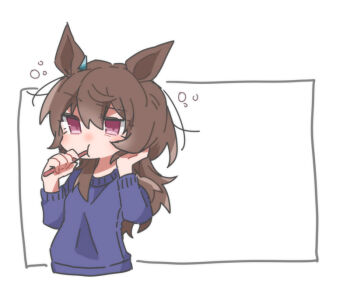 1girl animal_ears beer_hsk blue_sweater brown_hair brushing_teeth commentary_request cropped_torso hair_between_eyes holding holding_toothbrush horse_ears long_hair nakayama_festa_(umamusume) purple_eyes solo sweater toothbrush umamusume upper_body very_long_hair white_background