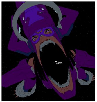 1boy 1girl alien archives.gokulism border creepy eating eldritch_abomination fake_horns fantastic_four galacta galactus giant giantess grotesque helmet highres horned_helmet horns imminent_vore implied_vore marvel marvel_rivals open_mouth photo-referenced purple_eyes size_difference space you_gonna_get_eaten