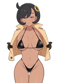 1girl :3 absurdres bikini black_bikini black_gloves black_hair blush breasts closed_mouth covered_navel cowboy_shot emma_(pokemon) gloves gluteal_fold hair_ornament half-closed_eyes highleg highleg_bikini highres jacket large_breasts looking_at_viewer navel nintendo open_clothes open_jacket pokemon pokemon_legends:_z-a purple_eyes short_hair side_ahoge simple_background smile solo standing swept_bangs swimsuit thigh_gap white_background yellow_jacket yuuta_(yuuta0361)