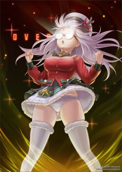 Rule 34 | 1girl, anarchyart, artist name, bell, bow, breasts, capelet, clenched hands, clothes lift, collarbone, commentary request, cowboy shot, fur trim, glasses, glowing, goddess of victory: nikke, grey hair, hands up, hat, hat ornament, highres, holly, holly hat ornament, jacket, jingle bell, layered skirt, long hair, long sleeves, neon (nikke), official alternate costume, opaque glasses, open mouth, panties, pantyshot, pleated skirt, powering up, red jacket, skindentation, skirt, skirt lift, solo, striped clothes, striped panties, thighhighs, triangle mouth, underwear, watermark, web address, white panties, white skirt, wind, wind lift