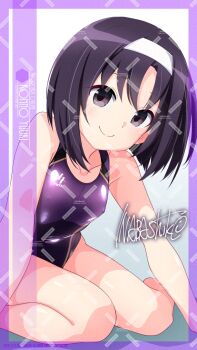 1girl adversarial_noise artist_name black_eyes black_hair breasts character_name competition_swimsuit hairband highres inaba_shiki konno_yuuki_(sao) leaning_forward looking_at_viewer one-piece_swimsuit purple_one-piece_swimsuit short_hair sitting small_breasts smile solo swimsuit sword_art_online wariza watermark watermark_grid white_hairband