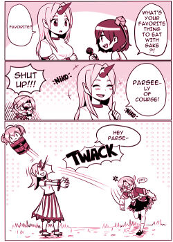 4girls anger_vein blush bucket comic english_text closed_eyes frown hat horns hoshiguma_yuugi in_the_face interview kataro kisume microphone mizuhashi_parsee monochrome multiple_girls pun shameimaru_aya single_horn throwing touhou