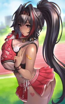 1girl ahoge ass badge bandaid bandaid_on_arm bandaid_on_hip bare_shoulders bay_(nikke) black_hair blurry blurry_background blush breasts button_badge cheerleader clothes_writing collar crop_top dark-skinned_female dark_skin from_side goddess_of_victory:_nikke grey_eyes hair_between_eyes hair_intakes hairband heart heart_tattoo highleg highleg_panties highres large_breasts leg_tattoo lock long_hair looking_at_viewer mole mole_on_breast mole_under_eye multicolored_hair outdoors padlock padlocked_collar panties pom_pom_(cheerleading) ponytail red_hair side-tie_panties skindentation smile solo spiked_collar spikes star_(symbol) star_in_eye star_sticker sticker sticker_on_face streaked_hair symbol_in_eye tattoo thighs tongue tongue_out trhisell two-tone_skirt two-tone_tank_top underwear v very_long_hair white_panties wristband
