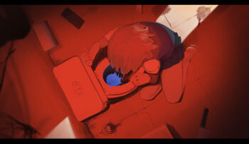 bathroom chinese_commentary commentary_request faceless gloves highres indoors no_shoes no_socks original red_background short_hair sitting skirt toilet toilet_sink_combo uta_(xuyansong1996) vomit