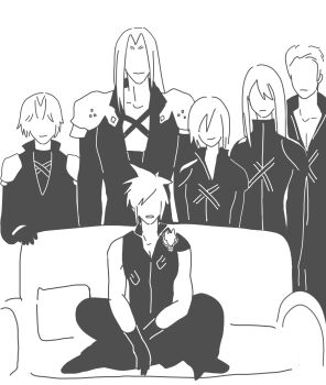 6+boys aged_down armor bracer chest_strap chinese_commentary cloud_strife coat collarbone couch crossed_legs elbow_gloves expressionless final_fantasy final_fantasy_vii final_fantasy_vii:_advent_children final_fantasy_vii:_ever_crisis gloves hair_slicked_back hand_up highres implied_yaoi kadaj long_bangs long_sleeves loz meme mercury0117 monochrome multiple_boys no_eyes on_couch open_mouth parted_bangs partially_unzipped pauldrons piper_perri_surrounded_(meme) sephiroth sephiroth_(ever_crisis) short_hair shoulder_armor shoulder_strap single_pauldron sitting smile spiked_hair standing time_paradox very_short_hair worried yazoo