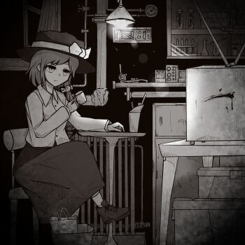 1girl absurdres arm_rest bag bow buttons chair check_commentary closed_mouth collared_shirt commentary_request cup drinking_glass expressionless flask galm_x_lmr_(ryonasa) grey_theme hair_bow hanging_light hat hat_bow highres holding holding_cup indoors long_skirt long_sleeves medium_hair monochrome object_request phone round-bottom_flask shirt shoes sitting skirt socks solo table television touhou usami_renko window