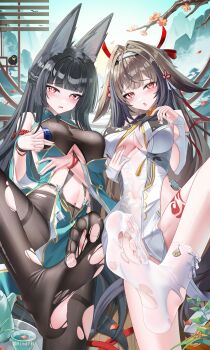 2girls absurdres adapted_costume animal_ear_fluff animal_ears bird black_hair black_pantyhose branch breasts brown_hair chinese_clothes clothing_cutout clover_hair_ornament commentary_request droopy_ears feet flower foot_focus fox_ears fox_girl hair_ornament half-closed_eyes hand_on_own_chest highres hoshimi_miyabi jndfh long_hair looking_at_viewer medium_breasts multicolored_hair multiple_girls navel open_mouth pantyhose petals pixiv_username presenting_foot red_eyes socks soles standing standing_on_one_leg streaked_hair symmetrical_foot_pose symmetrical_pose tassel toes torn_clothes torn_pantyhose torn_socks very_long_hair ye_shunguang zenless_zone_zero