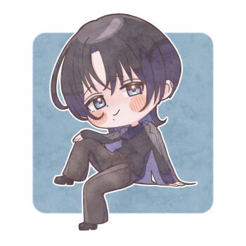 Rule 34 | 1girl, black hair, black pants, black shoes, black sweater, blue eyes, blue shirt, chibi, chibi only, closed mouth, collared shirt, earclip, grey jacket, highres, hiodoshi ao, hiodoshi ao (1st costume), hololive, hololive dev is, jacket, jacket on shoulders, kyuushoku touban, looking at viewer, medium hair, mole, mole under mouth, pants, pinstripe jacket, pinstripe pattern, shirt, shoes, smile, solo, sweater, v-neck, virtual youtuber, wolf cut