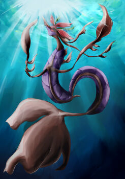 absurdres black_eyes colored_sclera colored_skin dragalge fish gen_6_pokemon highres karura_(to-the-4483) leafy_seadragon nintendo no_humans pokemon pokemon_(creature) pokemon_focus purple_skin red_sclera seahorse snout underwater