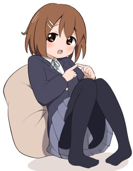 1girl black_leggings blue_coat blue_skirt blush brown_eyes brown_hair clothing_request coat collared_shirt commentary_request dot_nose double-parted_bangs hair_ornament hairclip highres hirasawa_yui index_fingers_together k-on! leggings long_sleeves looking_at_viewer on_ground open_mouth parallel_hairclips pleated_skirt psnt_8010 raised_inner_eyebrows shadow shirt simple_background sitting skirt solo teeth upper_teeth_only white_background white_shirt