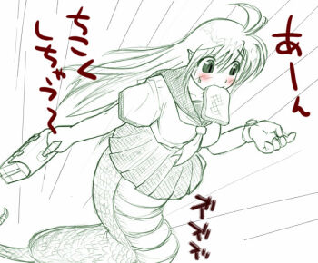 1girl ahoge antenna_hair bag blush bread bread_slice breasts briefcase clamp female_focus floating_hair food food_in_mouth fushigi_no_kuni_no_miyuki-chan hair_between_eyes lamia long_hair looking_down miniskirt miyuki-chan miyuki_(fushigi_no_kuni_no_miyuki-chan) monochrome monster_girl motion_lines mouth_hold neckerchief pleated_skirt pointy_ears raised_eyebrows scales school_bag school_briefcase school_uniform serafuku shirt short_sleeves sketch skirt slit_pupils snake_tail solo speed_lines spot_color sweatdrop tail toast toast_in_mouth very_long_hair watch wristwatch