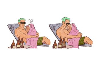 0000alisa 2boys antlers blue_nose bottle commentary english_commentary green_hair green_shorts heart highres horns multiple_boys one_piece reindeer_antlers roronoa_zoro short_hair shorts sideburns sleeping sunglasses tony_tony_chopper topless_male towel