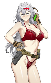 Rule 34 | 1girl, absurdres, belt, bra, breasts, brown gloves, cowboy shot, gloves, goddess of victory: nikke, grey hair, gun, handgun, highres, holster, lace, lace-trimmed bra, lace-trimmed panties, lace trim, large breasts, long hair, messy hair, navel, ogirin3948, panties, red bra, red panties, scar, scar on hip, scar on stomach, solo, standing, thighs, underwear, very long hair, weapon, white background, yellow eyes, yulha (nikke)
