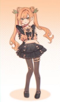 1girl alternate_costume alternate_hairstyle bare_shoulders black_bow black_bowtie black_pantyhose black_shoes black_skirt blonde_hair blush bow bow_print bowtie chi_kan100 clothing_cutout colored_shadow cone_hair_bun covered_collarbone cross-laced_clothes cross-laced_skirt curly_ends double_bun drop_shadow frilled_skirt frilled_sleeves frilled_thigh_strap frills full_body gradient_background green_ribbon hair_between_eyes hair_bun hair_intakes hair_ribbon halftone halftone_background highres inda_karane jirai_kei kimi_no_koto_ga_dai_dai_dai_dai_daisuki_na_100-nin_no_kanojo layered_skirt long_hair looking_at_viewer mary_janes orange_background orange_shirt pantyhose parted_bangs peter_pan_collar puffy_short_sleeves puffy_sleeves ribbon shadow shirt shoes short_sleeves shoulder_cutout skirt sleeve_bow solo standing suspender_skirt suspenders thigh_strap twintails v-shaped_eyebrows very_long_hair white_background yellow_eyes