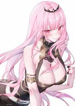 1girl absurdres armlet black_dress black_nails blunt_bangs breasts cleavage cleavage_cutout closed_mouth clothing_cutout commentary dress halter_dress halterneck hand_up highres hololive hololive_english jewelry kamiya_maneki large_breasts long_hair looking_at_viewer mori_calliope mori_calliope_(1st_costume) nail_polish pink_eyes pink_hair sidelocks simple_background sleeveless sleeveless_dress smile solo symbol-only_commentary tiara twirling_hair virtual_youtuber white_background