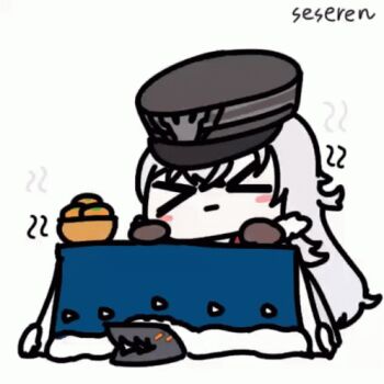&gt;_&lt; 1girl animated animated_gif azur_lane food fruit graf_zeppelin_(azur_lane) kotatsu lowres orange_(fruit) seseren table