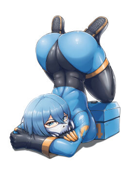 1girl ass black_boots black_gloves blu_pyro_(tf2) blue_bodysuit blue_eyes blue_hair bodysuit boots breasts commentary commission english_commentary full_body genderswap genderswap_(otf) gloves highres large_breasts latex latex_bodysuit latex_gloves latex_legwear looking_at_viewer mask pyro_(tf2) respirator shadow shoe_soles short_hair simple_background solo team_fortress_2 thigh_boots toolbox uncleduk white_background