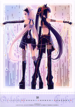 10s 2girls absurdres animal_ears arm_cutout arm_warmers asymmetrical_clothes back back-to-back blue_eyes calendar cat_ears cat_girl chocola_(nekopara) clothing_cutout fingernails from_behind full_body gold_nails hair_ornament hairband highres holding_hands legs long_fingernails long_hair looking_back multiple_girls nail_(hardware) nail_polish neko_bible nekopara no_tail orange_eyes original pink_hair platform_footwear purple_hair sayori_(neko_works) siblings silver_nails sisters slit_pupils spikes thighhighs twins twintails vanilla_(nekopara) yellow_nails
