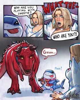 absurdres blonde_hair blue_eyes commentary devil_dinosaur dinosaur emma_frost english_commentary fins fish_tail highres jeff_(marvel) lunella_lafayette marvel marvel_rivals moon_girl_and_devil_dinosaur neo_jpeg open_mouth shark shark_fin shark_tail sharp_teeth short_hair smile superhero_costume tail teeth tongue tongue_out toy x-men
