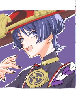 1boy black_bodysuit black_kimono black_nails black_sleeves blue_pupils blunt_ends bodysuit border commentary_request covered_collarbone eyeliner eyeshadow furrowed_brow genshin_impact gold hand_up hat highres japanese_clothes jewelry jingasa juban kimono letterboxed looking_at_viewer makeup male_focus mandarin_collar mitsudomoe_(shape) neck_ring open_clothes open_hand open_kimono open_mouth outline portrait purinigax purple_background purple_eyes purple_hair purple_rope red_eyeliner red_eyeshadow red_hat red_kimono rope scaramouche_(genshin_impact) shimenawa solo teeth tomoe_(symbol) tsurime upper_teeth_only white_border white_kimono white_outline white_rope wide-eyed wispy_bangs