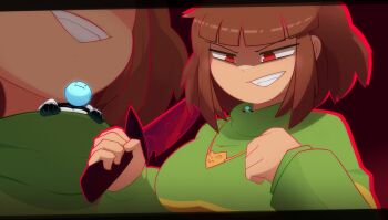 1boy 1girl :| black_border blue_circle border breasts brown_hair chara_(undertale) close-up closed_mouth commentary commission delta_rune_(symbol) english_commentary evil_smile genderswap genderswap_(otf) giant giantess green_shirt heart_locket highres holding holding_knife holding_weapon inside_clothes knife muka288 multicolored_shirt multiple_views red_background red_eyes shirt short_hair smile undertale utdr_(toby_fox) viewer_self-insert weapon yellow_shirt