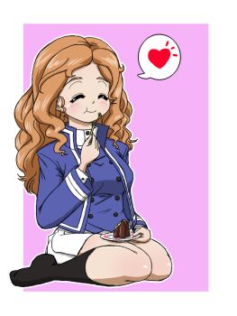 Rule 34 | 1girl, bc freedom military uniform, black socks, blue jacket, brown hair, cake, closed eyes, closed mouth, curly hair, food, food in mouth, fork, girls und panzer, girls und panzer saishuushou, heart, holding, holding fork, holding plate, isabe (girls und panzer), jacket, long hair, miniskirt, orange hair, pink background, plate, pleated skirt, shirt, shoes, sitting, sitting on lap, sitting on person, skirt, smile, socks, speech bubble, takahashi kurage, unworn shoes, white shirt, white skirt