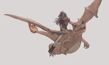 Rule 34 | 1boy, absurdres, charizard, commentary request, gen 1 pokemon, gloves, grey background, highres, ichi kawa ichi, leggings, leon (pokemon), long hair, looking down, male focus, nintendo, pokemon, pokemon (creature), pokemon swsh, print shirt, purple hair, riding, riding pokemon, shirt, shoes, short sleeves, simple background, sitting, smile