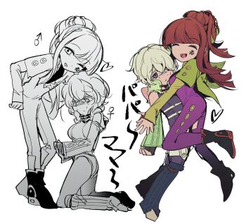 2boys 2girls ^_^ black_gloves blonde_hair blunt_bangs bodysuit boots breasts closed_eyes closed_mouth deformed detached_hood detached_sleeves facial_mark fingerless_gloves freckles full_body gemamamaa genderswap genderswap_(ftm) genderswap_(mtf) gloves gnosia green_jacket hair_bun half_up_bun heart highres hug jacket knee_boots leotard long_hair long_sleeves looking_at_viewer multicolored_hair multiple_boys multiple_girls musical_note open_mouth pink_bodysuit purple_eyes red_hair remnan_(gnosia) short_hair simple_background skull_and_crossbones smile sq_(gnosia) tattoo white_background white_hair