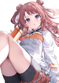 Rule 34 | 1girl, bike shorts, bike shorts under shorts, black shorts, fal maro, gakuen idolmaster, hanami ume, highres, holding, idolmaster, knees up, long hair, long sleeves, looking at viewer, orange shorts, parted lips, purple eyes, shirt, short shorts, shorts, simple background, sitting, solo, white background, white shirt