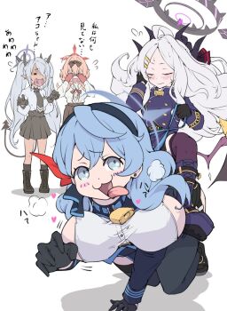 4girls :3 ahoge ako_(blue_archive) all_fours bell black_boots black_gloves black_shoes black_skirt black_socks black_suit black_thighhighs blue_archive blue_hair blue_hairband blue_ribbon blue_shrug blue_sleeves blush boots breasts brown_hair carrying carrying_person chinatsu_(blue_archive) commentary_request covering_own_face cowbell demon_horns demon_tail demon_wings ear_piercing fluffy_hair flying_sweatdrops formal_clothes garter_straps gloves gold_trim grey_hair hair_ribbon hairband halo hand_on_own_head heart highres hina_(blue_archive) holding holding_leash horns iori_(blue_archive) leash leash_pull long_hair low_wings medium_hair mosuke1221 multiple_girls piercing pleated_skirt prefect_team_(blue_archive) purple_thighhigh red_gloves red_ribbon ribbon running shirt shoes shrug_(clothing) sideboob skirt socks suit sweatdrop tail thighhighs tongue tongue_out translation_request white_background white_hair white_shirt wings