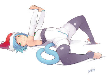 1girl animal_ears arms_up bare_shoulders blue_hair bodysuit breasts bridal_gauntlets cat_ears cat_tail elbow_gloves faustsketcher female_focus fur_trim gloves green_eyes hat looking_at_viewer lying naomi_(faustsketcher) on_back original outstretched_arms red_hat santa_hat short_hair signature small_breasts smile solo spread_legs tail white_background