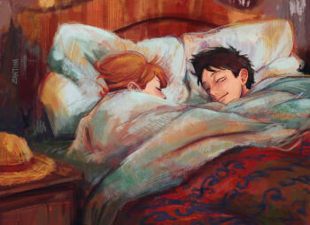 1boy 1girl artist_name bed black_hair closed_eyes closed_mouth commentary english_commentary facial_scar hat highres indoors lying monkey_d._luffy nami_(one_piece) on_bed on_side one_piece orange_hair pillow scar scar_on_cheek scar_on_face short_hair signature sleeping straw_hat under_covers unworn_headwear upper_body zantinaa