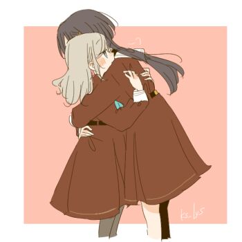 Rule 34 | 2girls, black hair, black pantyhose, blue eyes, blush, border, brown dress, ceras yanagida lilienfeld, commentary request, cropped legs, dress, edel note, grey hair, hasu no sora school uniform, hug, jellyfish cut, kase (ks lys), katsuragi izumi, leaning forward, link! like! love live!, long hair, long sleeves, love live!, medium dress, multiple girls, mutual hug, outside border, pantyhose, pink background, pleated dress, puff of air, sailor dress, school uniform, twitter username, virtual youtuber, white border, wings, winter uniform