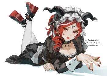 1girl black_choker black_dress black_flower black_horns black_ribbon black_rose breasts choker cleavage cosmetics crossed_legs dress drill_hair drill_ponytail earrings fiona_gilman fiona_gilman_(&quot;crimson&quot;) flower goat_horns hairband hanaochi_pic head_chain head_tilt high_heels highres holding holding_lipstick_tube horns identity_v jewelry lipstick_tube lolita_hairband looking_at_viewer lying maid on_stomach pantyhose puffy_sleeves red_hair red_lips red_nails ribbon rose see-through_clothes see-through_sleeves side_ponytail solo unconventional_maid white_pantyhose white_streaks