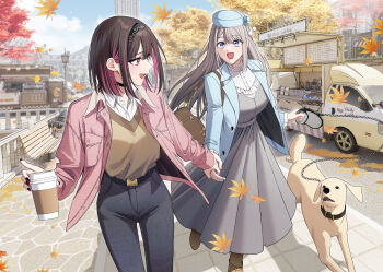 2girls absurdres bag bench black_choker black_hair black_hairband black_nails black_pants blue_eyes blue_jacket brown_bag brown_sweater chinese_commentary choker colored_inner_hair commentary_request cup disposable_cup dog dress dress_shirt gradient_nails grey_hair hairband highres holding holding_cup jacket jovei multicolored_hair multiple_girls nail_polish open_clothes open_jacket open_mouth outdoors pants pink_eyes pink_hair pink_jacket pleated_dress purple_nails saotome_shino_(shino_to_ren) shino_to_ren shirayuki_ren shirt short_hair shoulder_bag sweater white_shirt
