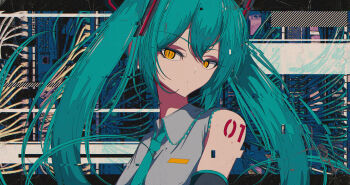 1girl absurdres alternate_eye_color aqua_hair aqua_necktie black_sleeves closed_mouth commentary_request computer computer_tower detached_sleeves floating_hair glitch grey_shirt hatsune_miku headset highres kishin long_hair looking_at_viewer necktie number_tattoo shirt sleeveless sleeveless_shirt tattoo twintails very_long_hair vocaloid wire yellow_eyes