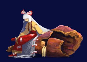 1girl absurdres baggy_pants blue_background blunt_bangs bow closed_eyes closed_mouth commentary_request fujiwara_no_mokou full_body hair_bow hair_flowing_over highres hollow_log leg_up light_smile long_hair long_sleeves multiple_hair_bows no_lineart ofuda ofuda_on_clothes pants puffy_long_sleeves puffy_sleeves red_pants red_shoes ritsuzou shaded_face shirt shoes simple_background sitting sitting_on_log solo suspenders touhou very_long_hair wide_shot yellow_shirt