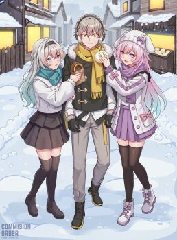 1boy 2girls alternate_costume aqua_hair black_boots black_hairband black_thighhighs boots building caelus_(honkai:_star_rail) centauri-d commentary commission cyrene_(demiurge)_(honkai:_star_rail) cyrene_(honkai:_star_rail) dating earmuffs english_commentary feeding firefly_(honkai:_star_rail) food full_body girl_sandwich grey_hair grey_pants hairband hat highres holding holding_food honkai:_star_rail honkai_(series) knit_hat locked_arms long_hair long_sleeves multiple_girls oak_cake_roll_(honkai:_star_rail) official_alternate_costume outdoors pants parted_lips pink_hair polyamory purple_eyes sandwiched scarf short_hair skirt snow steamed_bun symbol-shaped_pupils thigh_boots thighhighs trailblazer_(honkai:_star_rail) white_boots white_hat winter winter_clothes zettai_ryouiki