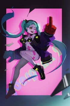 1girl black_background black_boots blue_hair boots breasts chinese_commentary colored_sclera commentary_request cyberpunk_(series) cyberpunk:_edgerunners cyborg dream_of_pears fang highres jacket leg_tattoo long_hair long_sleeves md5_mismatch mechanical_hands middle_finger neck_tattoo one_eye_closed open_clothes open_jacket open_mouth pink_background pink_tattoo purple_jacket rebecca_(cyberpunk) red_sclera resolution_mismatch skin_fang solo source_smaller stomach_tattoo tattoo twintails very_long_hair