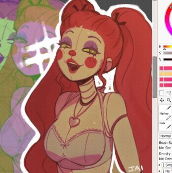 1girl android art_program_in_frame blush_stickers bra clown clown_nose colored_skin commentary eleanor_(fnaf) eyeshadow five_nights_at_freddy's green_eyes halterneck heart heart_necklace jewelry jxitrash long_hair makeup necklace open_mouth red_hair robot smile twintails underwear untranslatable_commentary white_skin