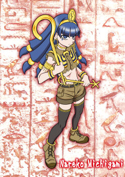 1girl absurdres ayana_mizuki belt black_belt black_thighhighs blue_eyes blue_hair blunt_bangs brown_shirt brown_shoes brown_shorts character_name closed_mouth commentary_request crop_top earrings expressionless full_body headpiece hieroglyphics highres holding holding_staff jewelry key_earrings long_hair looking_at_viewer michigami_nareko midriff navel shirt shoes shorts sleeveless sleeveless_shirt solo staff thighhighs torn_clothes torn_shirt touhou usekh_collar