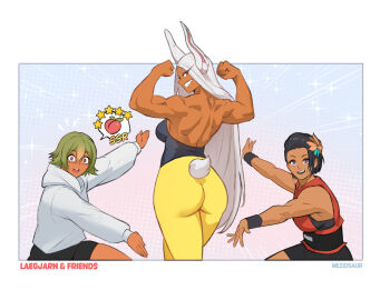 3girls alternate_costume animal_ears artist_name ass ass_focus azucena_milagros_ortiz_castillo back backless_shirt bare_shoulders black_sash black_shirt black_shorts black_wrist_cuffs blonde_hair blush boku_no_hero_academia breasts character_name clenched_hands clothing_cutout commentary crossover dark-skinned_female dark_skin english_commentary english_text female_focus fire_emblem fire_emblem_heroes flexing food fruit green_hair grin hair_between_eyes hair_ornament hood hoodie laegjarn_(fire_emblem) large_breasts long_eyelashes long_hair looking_at_viewer medium_breasts meziosaur mirko multicolored_hair multiple_girls nintendo open_mouth outstretched_arms pants parted_bangs peach presenting_another rabbit_ears rabbit_girl rabbit_tail red_eyes red_shirt sash shirt short_hair shorts sleeveless sleeveless_shirt smile speech_bubble spoken_object spread_arms tail tail_through_clothes teeth tekken tekken_8 thighs tight_clothes tight_pants toned toned_female trait_connection undershirt upper_teeth_only very_long_hair white_hair white_hoodie wrist_cuffs yellow_pants
