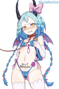 1girl animal_collar artist_name backpack bag bdsm belt_collar bikini blue_hair blush body_writing bow braid breasts bridal_gauntlets cameltoe clenched_teeth collar commentary condom condom_wrapper condom_wrapper_in_clothes crying crying_with_eyes_open cutiemachina dragon_girl dragon_horns english_commentary english_text eyepatch_bikini female_focus gluteal_fold highleg highleg_panties highres horns leash loli looking_at_viewer low_twin_braids low_twintails madelyn_eschart mesugaki mini_wings name_tag navel panties pear-shaped_figure randoseru re:zero_kara_hajimeru_isekai_seikatsu simple_background slave small_breasts solo standing strapless strapless_bikini swimsuit tears teeth thighhighs twin_braids twintails twitter_username underwear used_condom white_background wings yellow_eyes