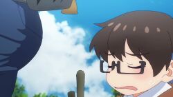 3girls animated anime_screenshot arato_nagi ass ass_press belt blonde_hair blue_gloves blue_hair blue_pants breasts brown_hair buttons closed_eyes curvy denim face_in_ass glasses gloves green_eyes hand_on_own_hip hat highres huge_ass imari_youko jeans large_breasts multicolored_hair multiple_girls pants ruri_no_houseki shirt short_hair sound streaked_hair tagme tanigawa_ruri video white_gloves white_shirt wide_hips