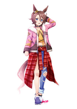 1girl absurdres animal_ears asymmetrical_clothes asymmetrical_footwear asymmetrical_pants blue_eyes blush brown_hair clothes_around_waist commentary_request denim fur-trimmed_jacket fur_trim hair_between_eyes highres horse_ears horse_girl horse_tail horseshoe jacket jacket_around_waist jeans konsu_(konsu1182da) long_sleeves looking_at_viewer midriff mismatched_footwear narita_taishin_(nevertheless)_(umamusume) narita_taishin_(umamusume) navel open_mouth pants pink_jacket shirt shoes short_hair simple_background single_pantsleg solo tail tank_top tied_shirt torn_clothes torn_jeans torn_pants umamusume white_background yellow_shirt yellow_tank_top